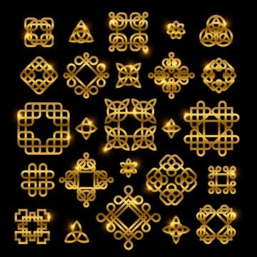 Golden celtic knots with shiny elements isolated on black background. Vector Stock Illustration