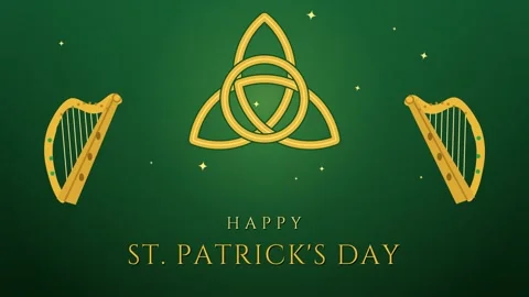 Golden Celtic trinity knot drawing itself between Irish harps with St Patricks Vídeo Stock 348330053