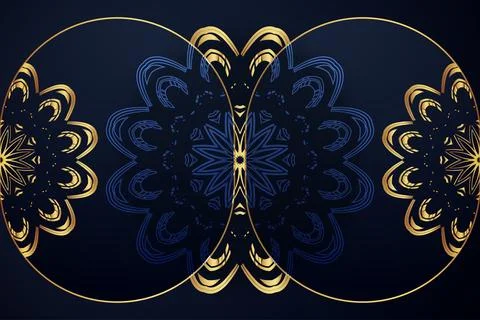 Golden Central Mandala With Symmetrical Blue Side Mandalas On Deep Background 스톡 일러스트