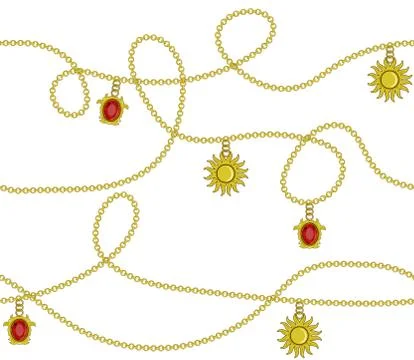 Golden chain with golden sun, ruby diamond color seamless pattern fashion des Stock Illustration