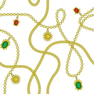 Golden chain with golden sun, ruby diamond, emerald color seamless pattern fa Stock Illustration