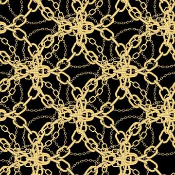 Golden chains on black background seamless pattern. Illustrazione stock