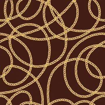 Golden chains on dark brown background. Seamless jewelry vector pattern Stock Illustration