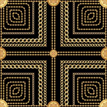 Golden Chains Luxury Seamless Pattern on black background.Scarf design chain and Stock Illustration