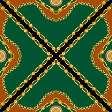Golden chains seamless pattern on brown and green background. seamless golden ch Stock Illustration