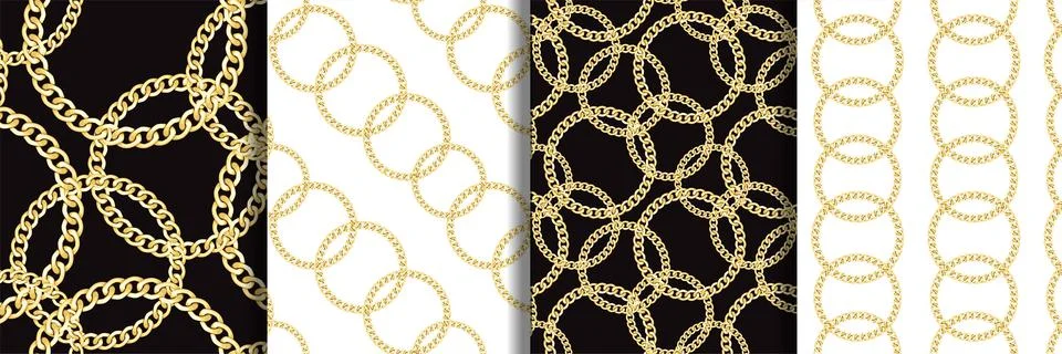Golden Chains Seamless Patterns Set. Luxury Fashion Print. Stock Illustration