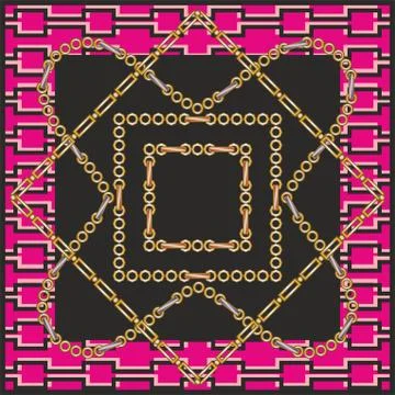 Golden chains vector pattern on geometric background. Shawl,scarf, bandanna Stock Illustration