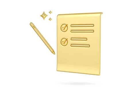 Golden Checklist, Document Icon, 3D rendering of a golden checklist with a .. Stock Illustration