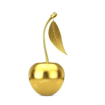 Golden Cherry Fruit with Leaf. 3d Rendering Illustrazione stock