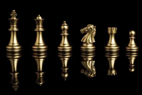 Golden chess include king queen horse ship and pawn on black background Stock Photos
