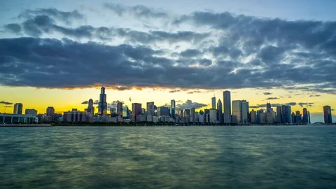 Golden Chicago Sunset Time Lapse day to night Skyline 4K 1080P Stock Footage