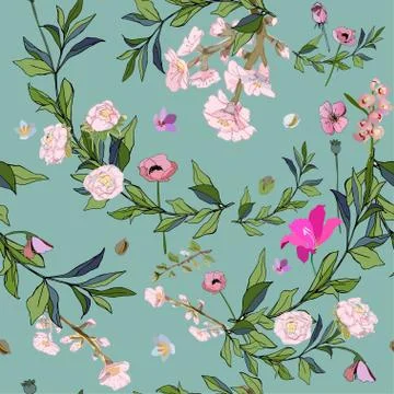 Golden Chinese dragon surrounded by tropical flowers seamless vector pattern. Stock Illustration