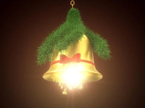 Golden christmas bell with light beam. 3d illustration. Stock Illustration