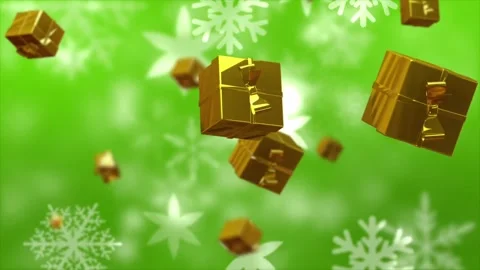Golden christmas gift boxes falling with snowflakes on green screen Stock Footage 320479120