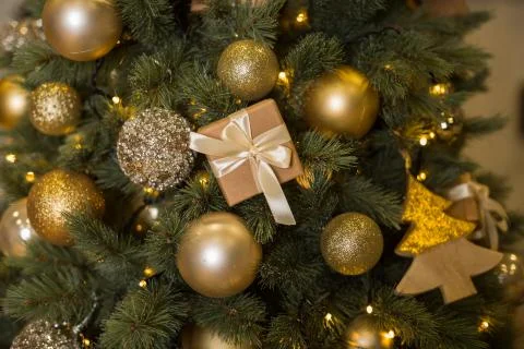 Golden christmas tree decorations, place for text Stock Photos