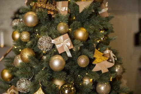 Golden christmas tree decorations, place for text Stock Photos