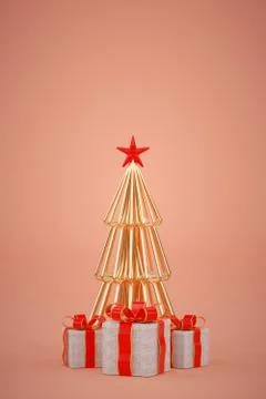 Golden Christmas tree with gift boxes on pink background 3d render Stock Illustration