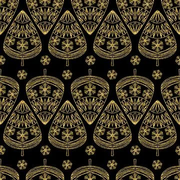 Golden christmas tree seamless pattern black golden shimmer sparkling backgro Illustrazione stock