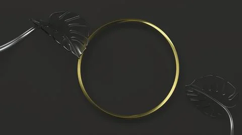 Golden circle frame on black background with monstera leaves. 3D Illustration Stock Illustration