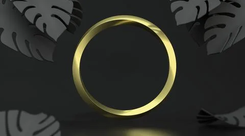 Golden circle frame on black background with monstera leaves. 3D Illustration Stock Illustration