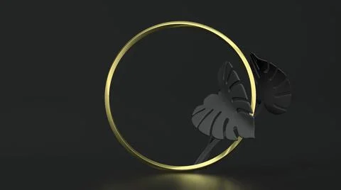 Golden circle frame on black background with monstera leaves. 3D Illustration Stock Illustration