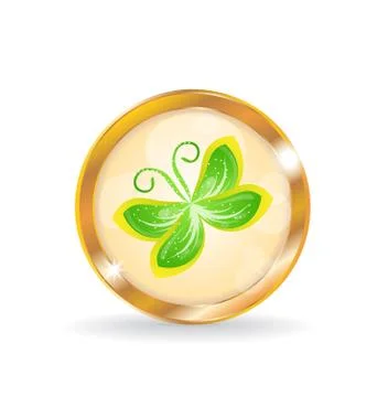 Golden circle label (button) with butterfly Stock Illustration