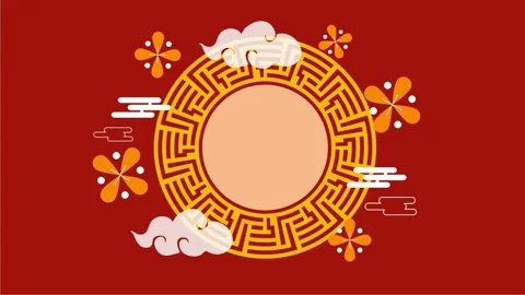 Golden circle pattern with clouds and flowers on red background 스톡 동영상 318734246