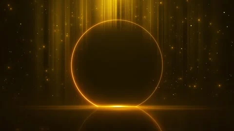 Golden circle stage light background beams, glowing particles, reflective floor, Stock Footage 340399738
