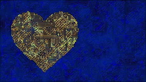 Golden circuit board heart shape glowing on blue tech background seamless loop Stock Footage 338364500