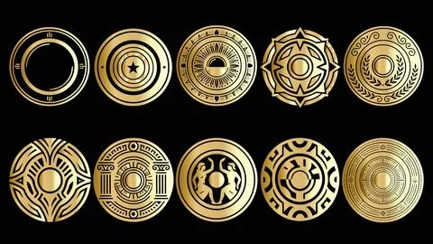 Golden circular emblem set with various abstract geometric patterns and dec.. Stock Illustration