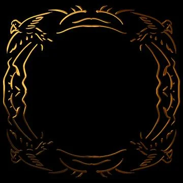 Golden circular frame decorated with stylized birds and foliage on black ba.. Illustrazione stock