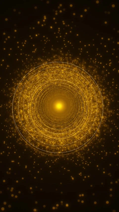 Golden circular particle vortex glowing rings, bright center light, and swirling Stock Footage 340479656