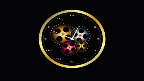 Golden clock face with Roman numerals and rotating internal colorful gears .. Stock Footage 344709974