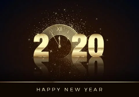 Golden Clock instead of zero in 2020. Happy New Year Greeting Card. Holiday m Stock Illustration