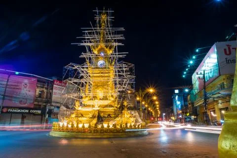 Golden Clock Tower , built in typical Thai style is architecture symbol Stock Photos