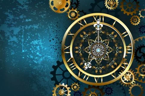 Golden clock on turquoise background Illustrazione stock