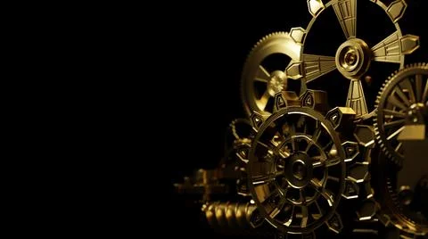 Golden clockwork mechanism, close up. Precision engineering, concept. Digital Stock Illustration