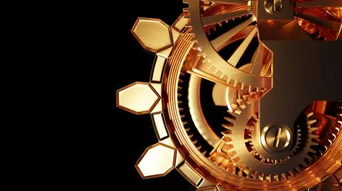 Golden clockwork mechanism, close up. Precision engineering, concept. Digital Stock Illustration