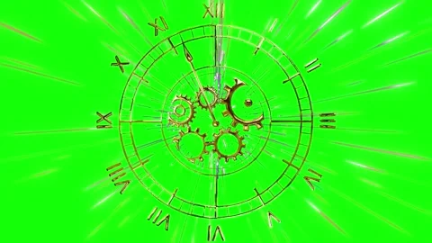 Golden clockwork mechanism with roman numerals and light streaks on a green Stock-Footage 339257500