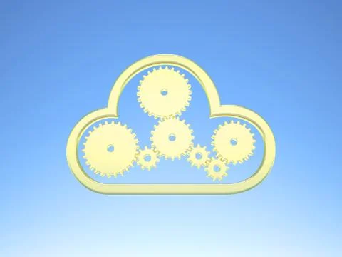 Golden cloud computing icon on blue sky Stock Illustration