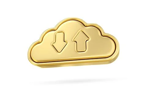 Golden Cloud Data Flow, A 3D rendering of a gleaming gold cloud with upload.. Stock Photos
