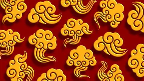 Golden Cloud Motifs On Red Background Illustrazione stock