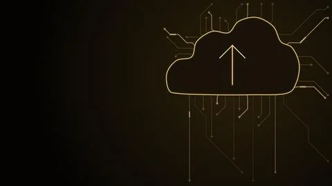 Golden cloud with upload arrow and circuit traces, cloud computing Stock Illustration