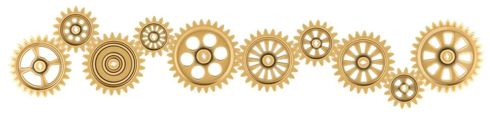 Golden cogs and gear wheel mechanisms, top view. Abstract technical backgro.. Stock Illustration