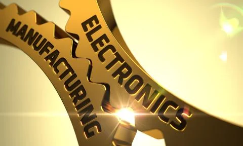Golden Cogwheels with Electronics Manufacturing Concept. 3D Stock Illustration