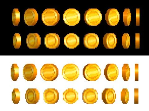 Golden coin animation sprite frames, pixel art 스톡 일러스트