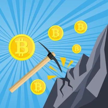 Golden coin with computer chip and pickaxe. Illustrazione stock