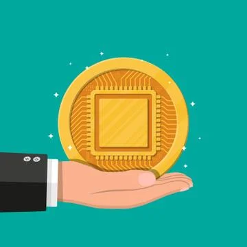 Golden coin with computer chip in hand Stock Illustration