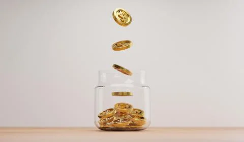 Golden coin dropping to transparent saving jar on wooden table for investment Stock Illustration
