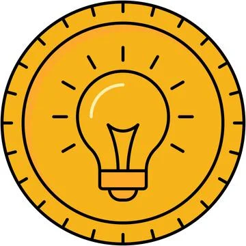 Golden coin with light bulb flat icon black outline. Stock Illustration